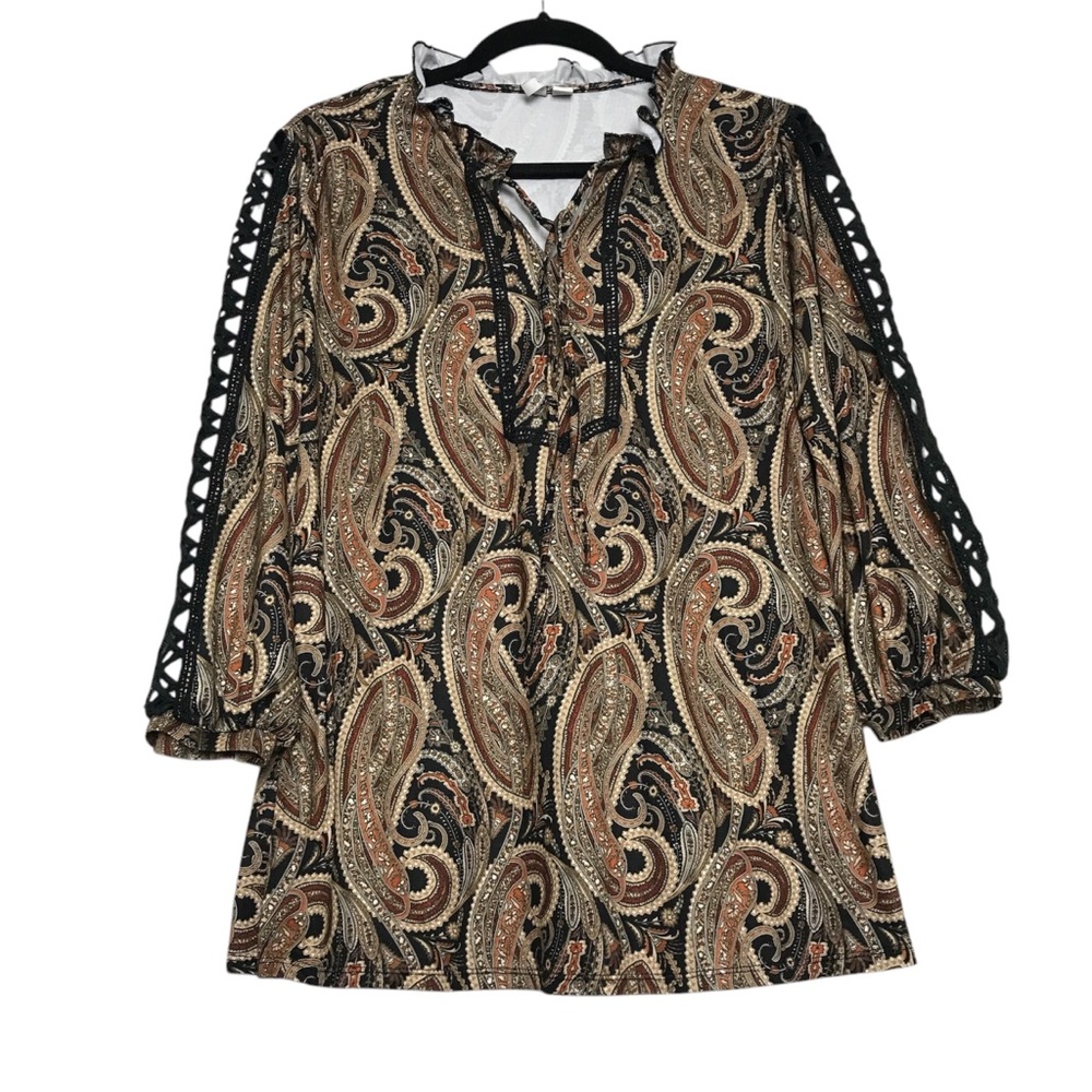 EST 1946 Brown Paisley Lace Trim 3/4 Sleeve Top Womens Sz L Goblin Forest Boho